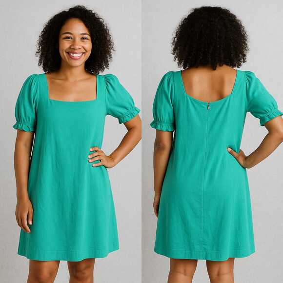 Draper James Linen Blend Puff Sleeve Mini Dress Teal Square Neck Size M - Picture 1 of 16